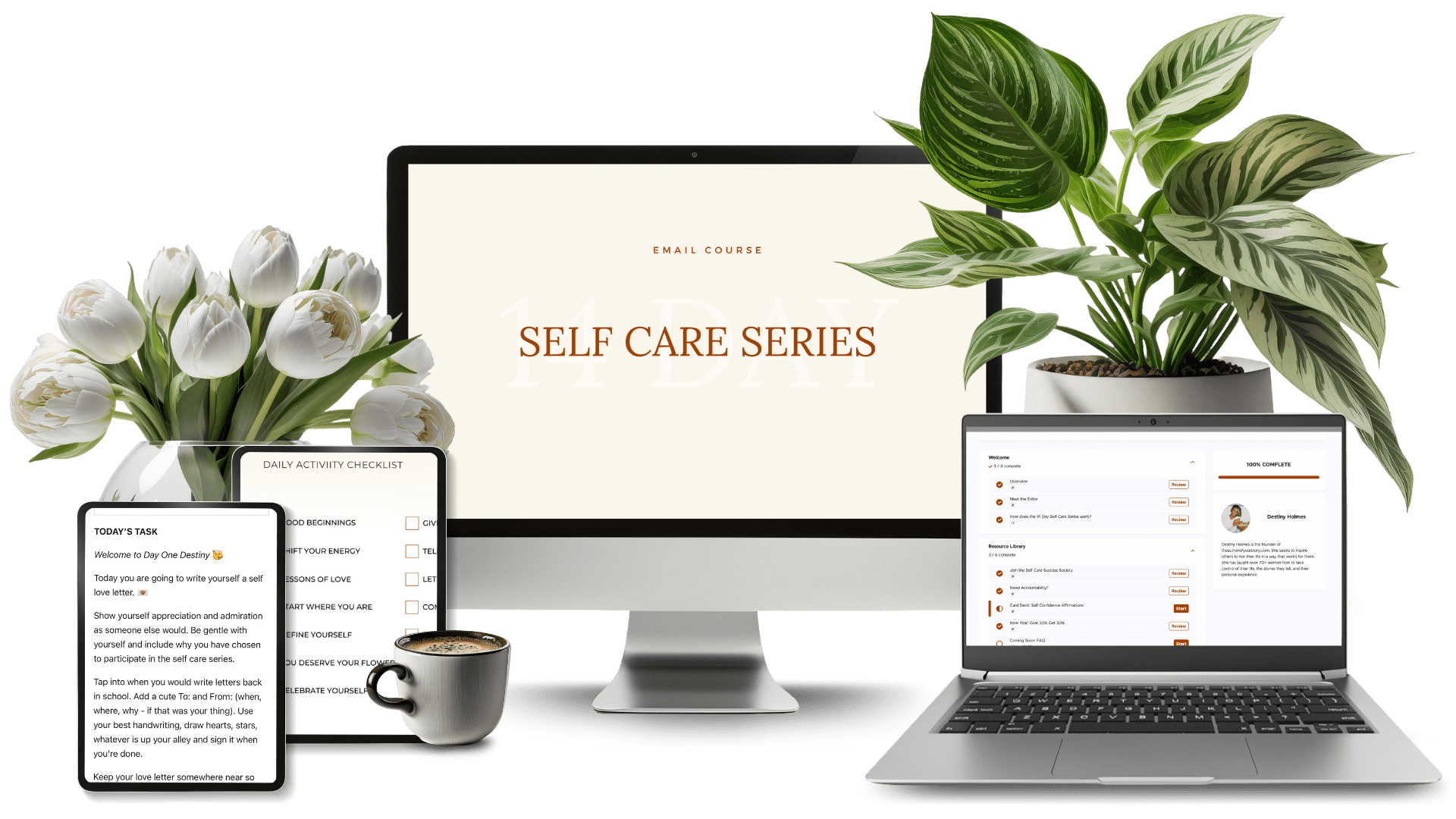 a mock up of the 14 day self care challenge showcasing its curriculum and email