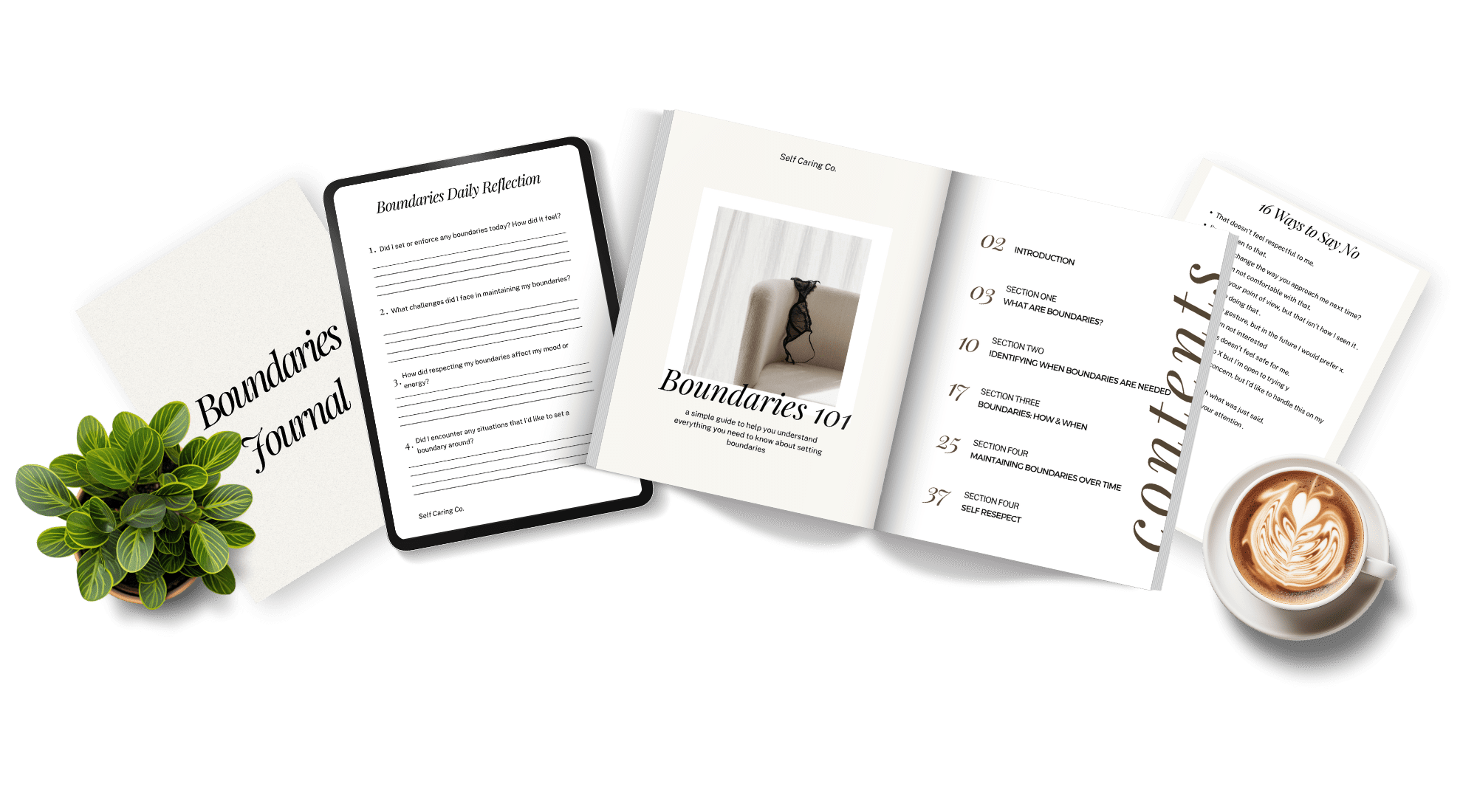 Copy of Copy of Module Presentation Mock Ups A journal titled "Boundaries Journal" is next to an iPad displaying a worksheet on "Boundaries Draft Reflection." An open book titled "Boundaries 101" is nearby alongside a table of contents. A cappuccino and a small plant are also visible on a black background.